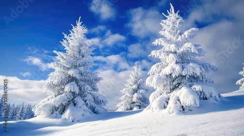 Majestic Winter Wonderland Featuring Snow-Covered Evergreen Trees Against a Bright Blue Sky and Soft Clouds, Perfect for Seasonal and Nature Imagery