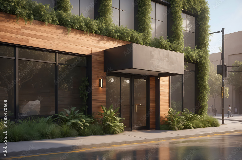 Fototapeta premium Modern building exterior with wood siding, green wall, and glass storefront.