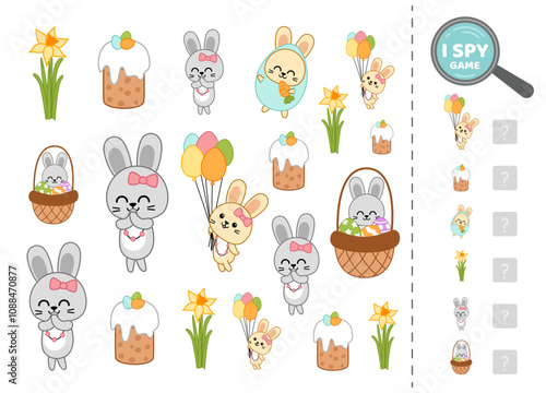 I spy game for kids with girl bunny. Search and count how many. Math game. Isolated vector illustration eps 10
