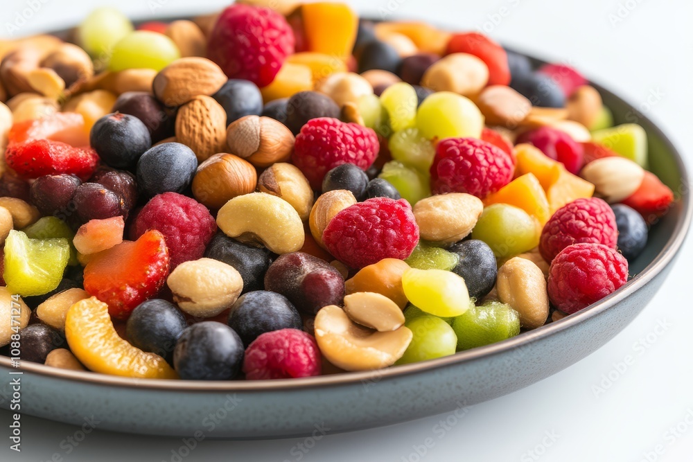 A vibrant mix of fresh fruits and nuts arranged on a plate, showcasing colorful berries, almonds, and cashews. A vibrant mix of fresh fruits and nuts arranged on a plate, showcasing colorful berries, almonds, and cashews.