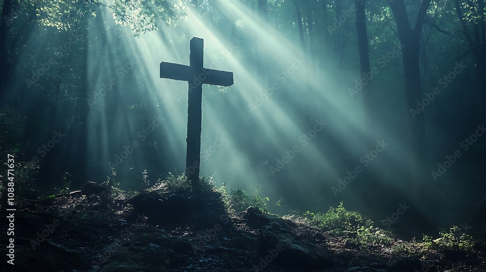 Naklejka premium Silhouette of a Christian cross combined with a forest landscape shrouded in mist, the trees partially hidden by the fog, soft beams of light creating a halo effect around the cross,