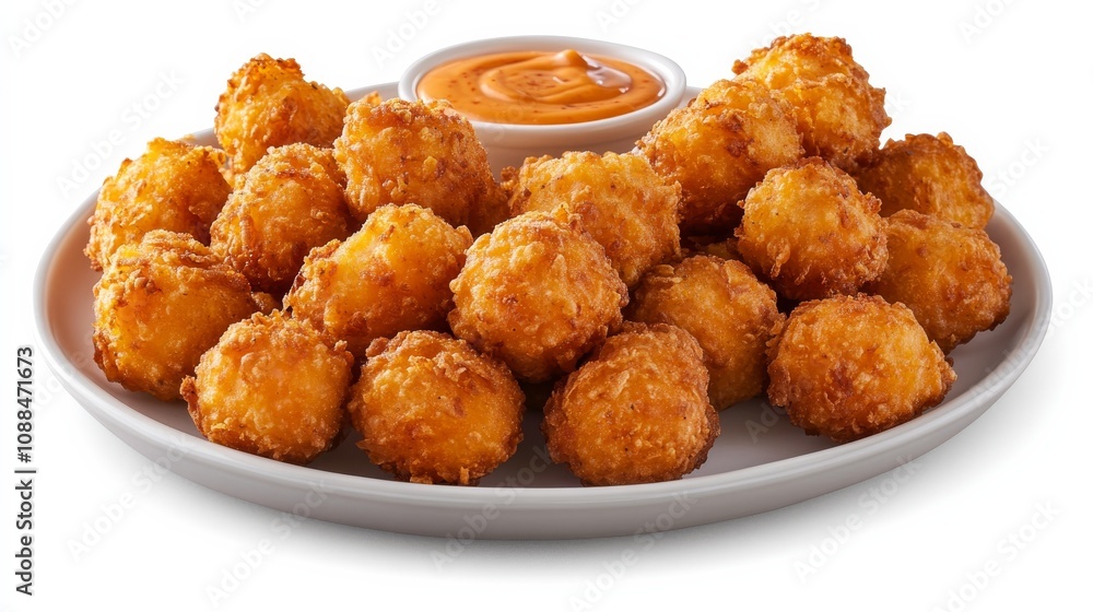A plate of crispy sweet potato tots with a golden brown crust and a side of spicy sriracha mayo, Each tot’s crispy exterior and fluffy interior captured with precision A plate of crispy sweet potato tots with a golden brown crust and a side of spicy sriracha mayo, Each tot’s crispy exterior and fluffy interior captured with precision