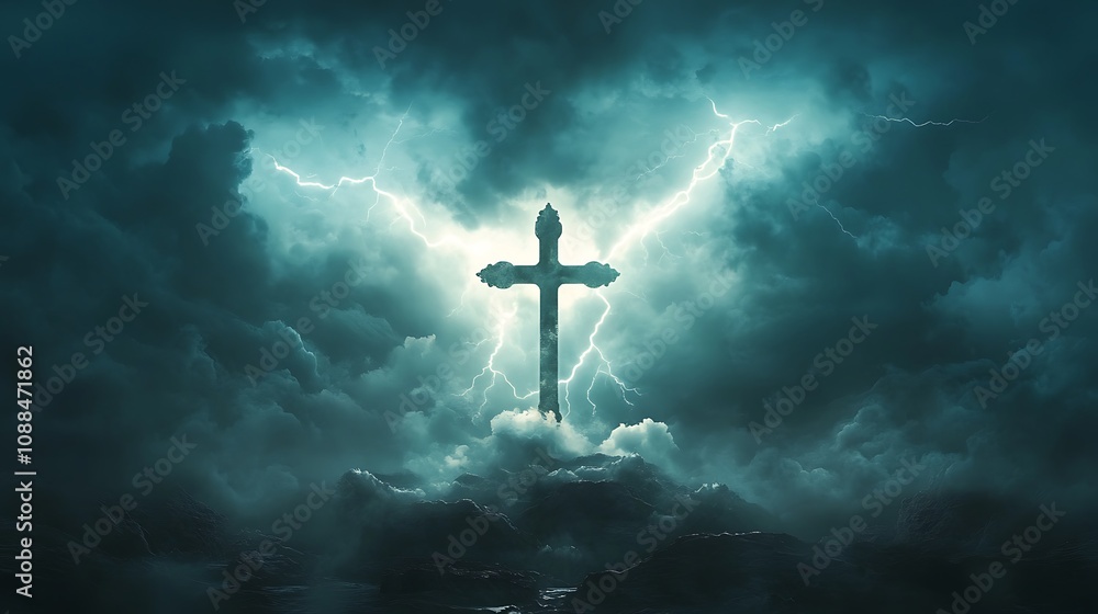 Silhouette of a Christian cross combined with a raging thunderstorm, bright lightning illuminating the dark clouds, the cross outlined by the intense flashes, dramatic and spiritual scene, Silhouette of a Christian cross combined with a raging thunderstorm, bright lightning illuminating the dark clouds, the cross outlined by the intense flashes, dramatic and spiritual scene,