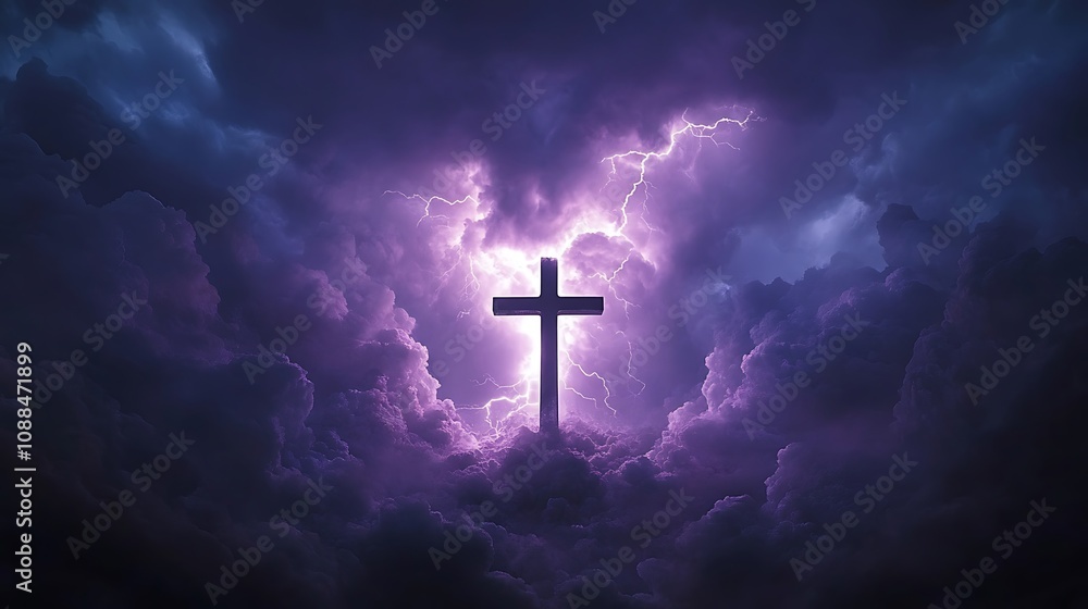 Silhouette of a Christian cross combined with a raging thunderstorm, bright lightning illuminating the dark clouds, the cross outlined by the intense flashes, dramatic and spiritual scene, Silhouette of a Christian cross combined with a raging thunderstorm, bright lightning illuminating the dark clouds, the cross outlined by the intense flashes, dramatic and spiritual scene,