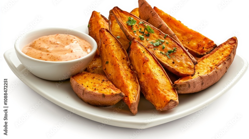 A plate of crispy sweet potato wedges with a side of sriracha mayo dipping sauce, Each wedge’s golden-brown exterior and tender interior captured with precision A plate of crispy sweet potato wedges with a side of sriracha mayo dipping sauce, Each wedge’s golden-brown exterior and tender interior captured with precision