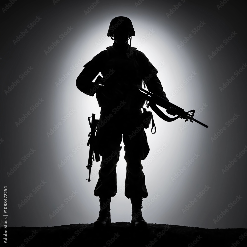 Naklejka premium A silhouette of a soldier standing tall and steady, rifle held upright in a traditional guard position