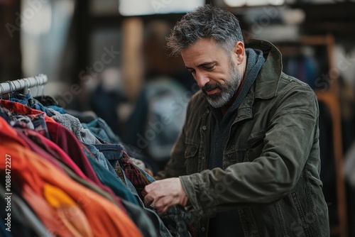 Man browsing through clothes. He's shopping for a jacket at a thrift store; ideal for sustainable fashion, secondhand shopping, and vintage clothing concepts.