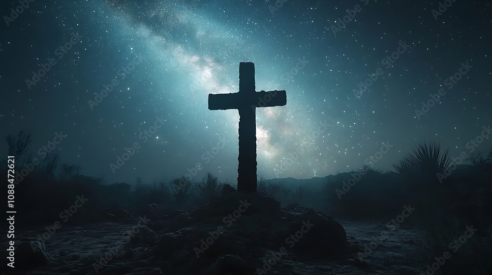 Silhouette of a Christian cross intertwined with a clear starry night, the cross illuminated by the soft glow of distant stars, the Milky Way forming a halo around the silhouette, Silhouette of a Christian cross intertwined with a clear starry night, the cross illuminated by the soft glow of distant stars, the Milky Way forming a halo around the silhouette,