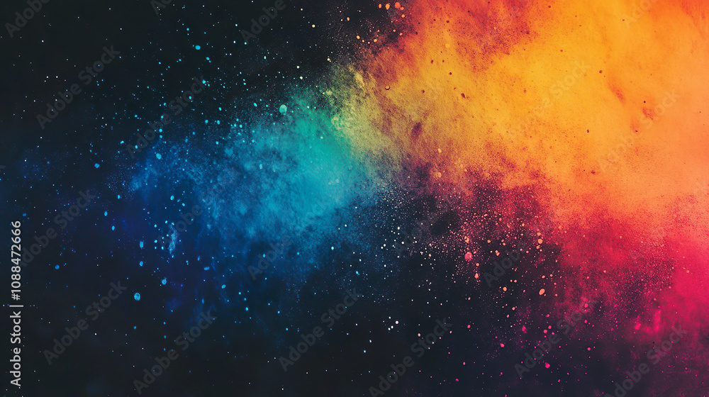 Obraz premium Abstract color gradient grainy background, glowing orange blue yellow retro rainbow shape, vibrant poster black backdrop, noise texture banner cover header design