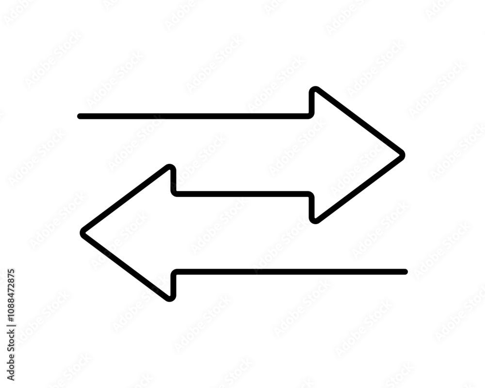 Transfer double arrow icon. Two opposite direction symbol. Exchange line arrow icon. Remove sign. Transfer symbol. Vector illustration isolated on white background. Transfer double arrow icon. Two opposite direction symbol. Exchange line arrow icon. Remove sign. Transfer symbol. Vector illustration isolated on white background.