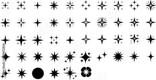 A collection of minimalist black sparkle or twinkle icons, each with unique geometric shapes and slight variations in size.