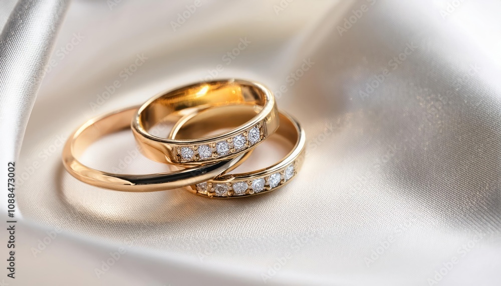 Glamorous Golden Rings with Sparkling Diamonds on White Textile - Soft Focus Glamorous Golden Rings with Sparkling Diamonds on White Textile - Soft Focus