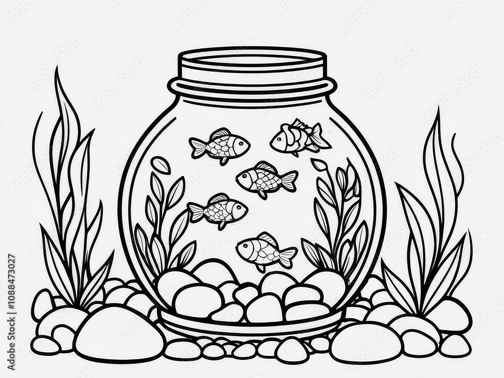 Line art of fish in a round glass jar.