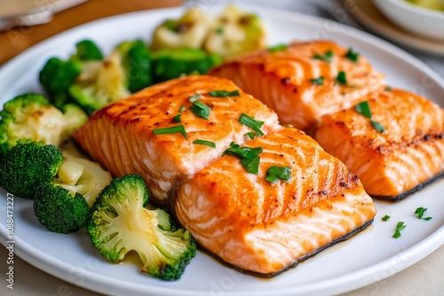 A plate of grilled salmon fillets garnished with herbs, served alongside fresh broccoli and cauliflower, showcasing a healthy and vibrant meal.