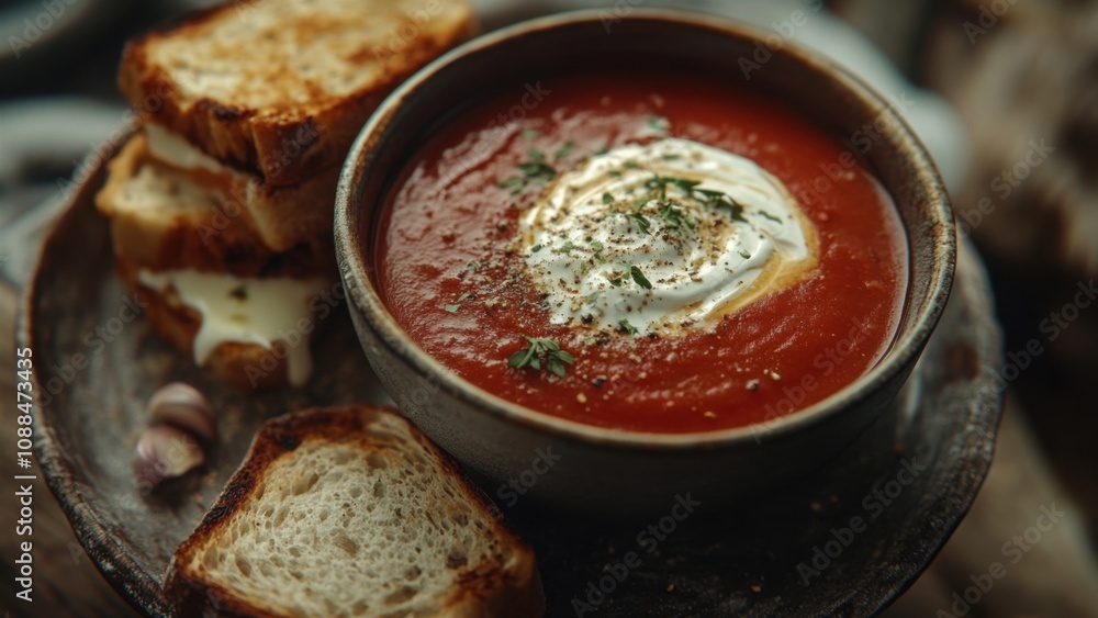 Bowl of Tomato Soup with Cream and Herbs Garnished with Garlic Toast Bowl of Tomato Soup with Cream and Herbs Garnished with Garlic Toast