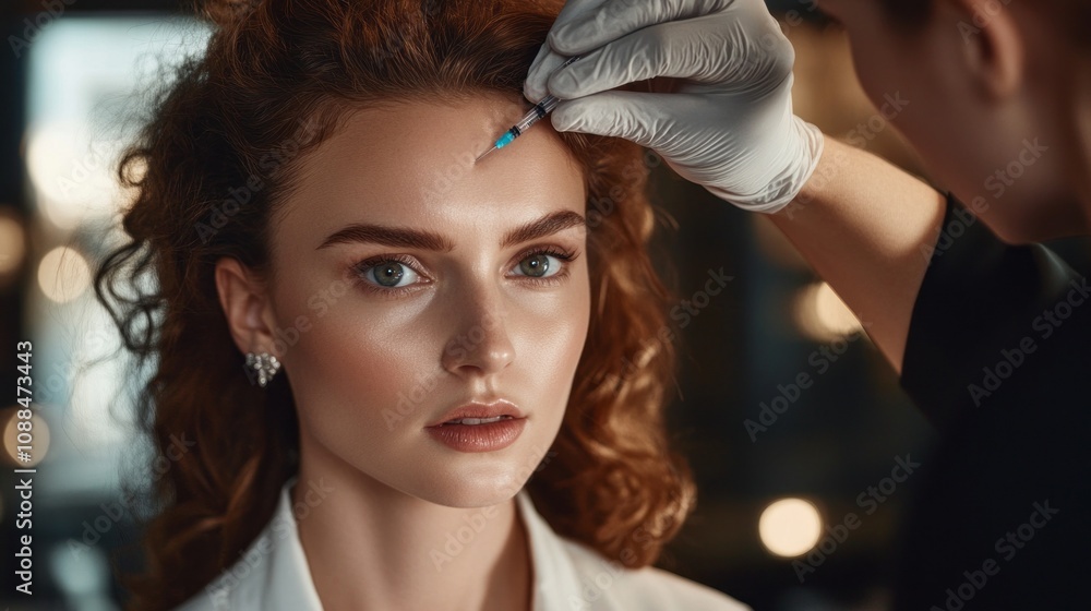 Fototapeta premium A woman is getting her eyebrows waxed by a man