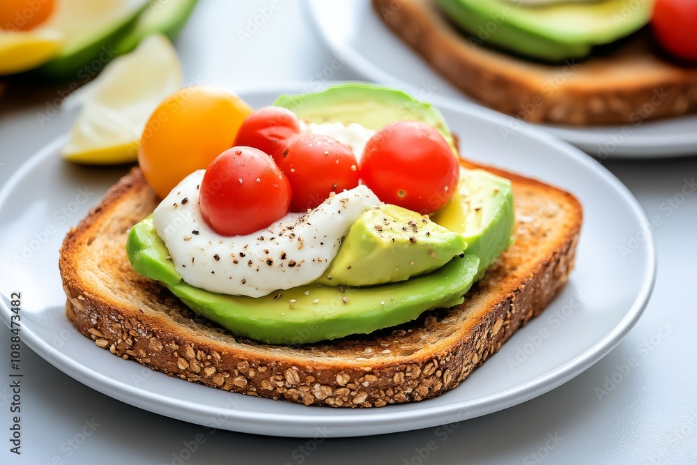 A vibrant and healthy avocado toast topped with cherry tomatoes and a poached egg on whole grain bread, garnished with lemon. A vibrant and healthy avocado toast topped with cherry tomatoes and a poached egg on whole grain bread, garnished with lemon.