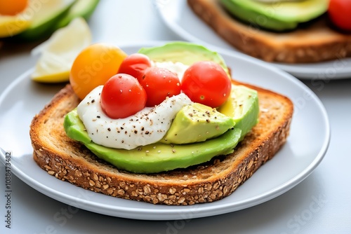 A vibrant and healthy avocado toast topped with cherry tomatoes and a poached egg on whole grain bread, garnished with lemon.