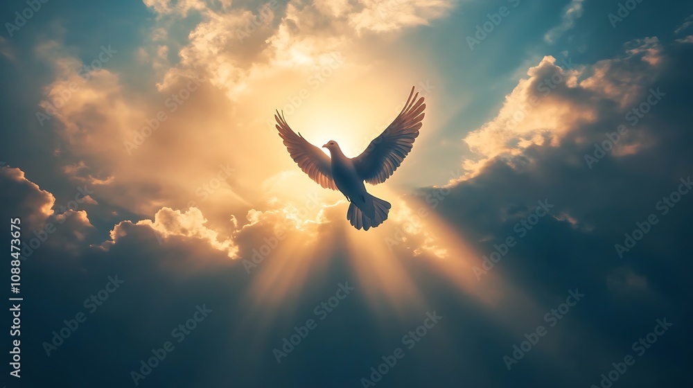 Fototapeta premium Silhouette of a Christian cross merged with a dove flying upward, the bird’s outline highlighted by beams of sunlight breaking through the clouds, tranquil and spiritual scene,