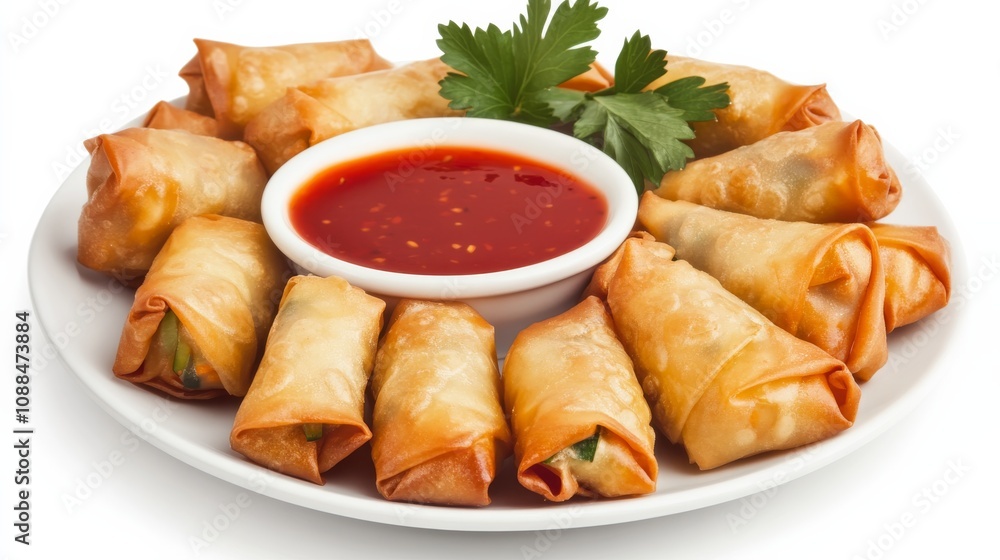 A plate of crispy vegetable spring rolls with a sweet chili dipping sauce, Each roll’s vibrant color and crunchy texture captured with precision A plate of crispy vegetable spring rolls with a sweet chili dipping sauce, Each roll’s vibrant color and crunchy texture captured with precision