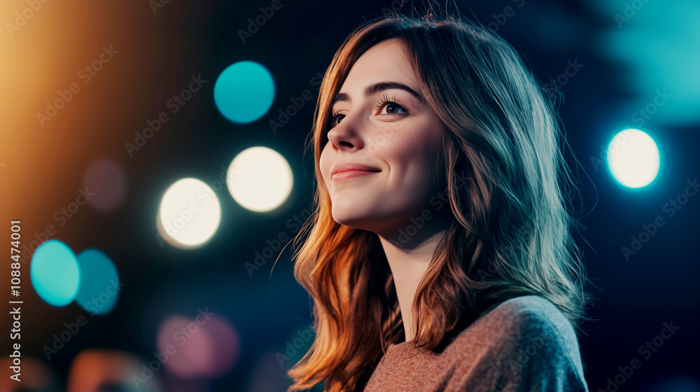 Young woman with a serene smile against a blurred backdrop Young woman with a serene smile against a blurred backdrop