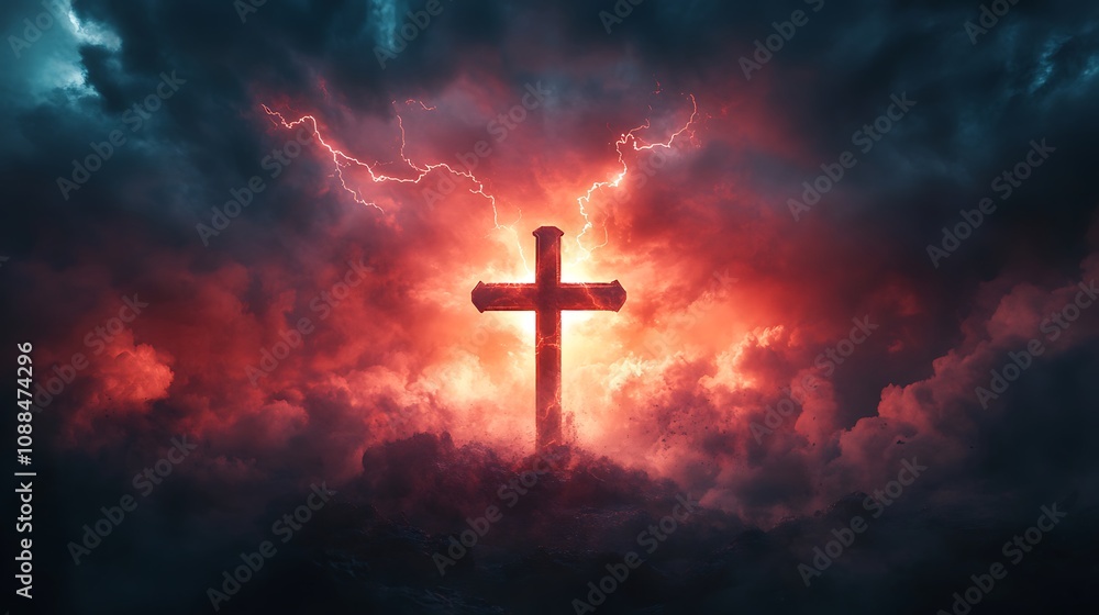 Silhouette of a Christian cross merged with storm clouds, lightning illuminating the sky, the electric light forming a halo around the cross, dark and intense mood, Silhouette of a Christian cross merged with storm clouds, lightning illuminating the sky, the electric light forming a halo around the cross, dark and intense mood,