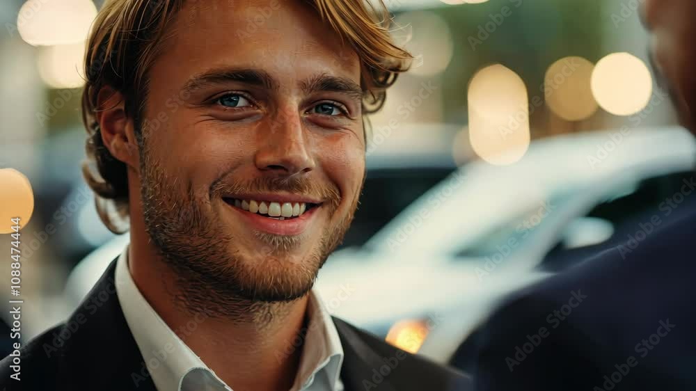 A man with blonde hair and a charming smile engages in a friendly conversation with another individual at an outdoor event. A man with blonde hair and a charming smile engages in a friendly conversation with another individual at an outdoor event.
