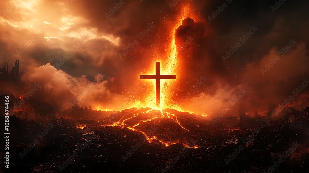 Silhouette of a Christian cross merged with the image of a volcano spewing lava, the fiery glow illuminating the edges of the cross, dark smoke creating a dramatic contrast, vibrant and powerful, Silhouette of a Christian cross merged with the image of a volcano spewing lava, the fiery glow illuminating the edges of the cross, dark smoke creating a dramatic contrast, vibrant and powerful,