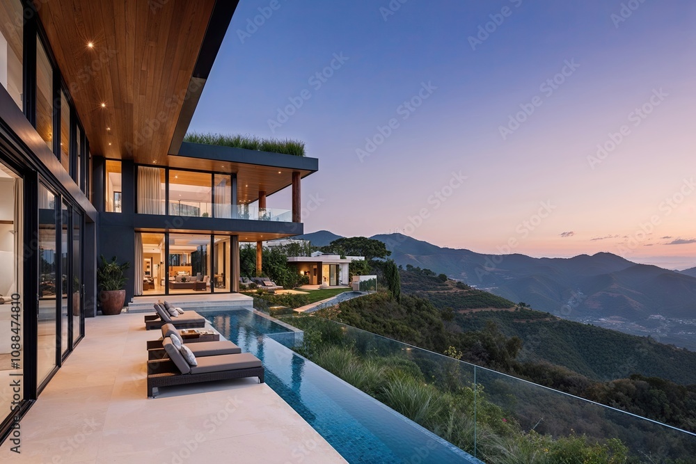 Fototapeta premium Panoramic views of a lavish hillside eco-villa featuring a modern facade and exclusive luxury retreat