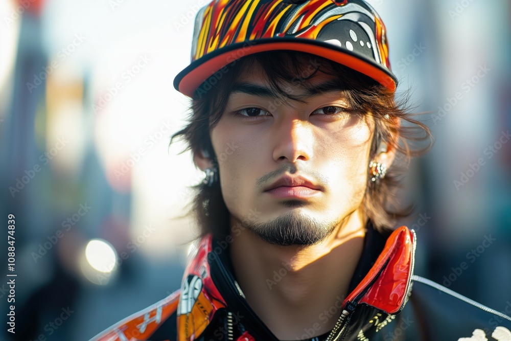 街にたたずむヒップホップ系ファッションの若い日本人男性 街にたたずむヒップホップ系ファッションの若い日本人男性