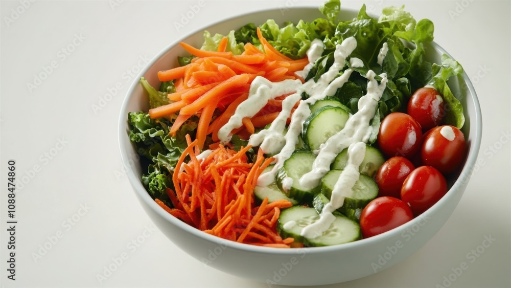 Fresh vegetable salad with creamy dressing in a white bowl Fresh vegetable salad with creamy dressing in a white bowl