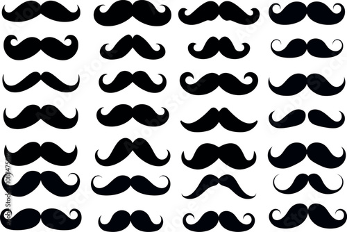 A collection of playful, minimalist mustache silhouettes in various styles, ranging from thick and bushy to thin and curled.