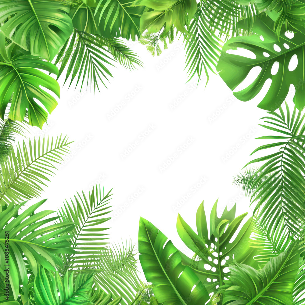 Tropical leaves frame on transparent background. Realistic vector illustration.