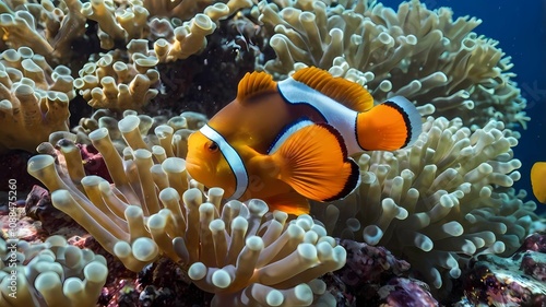 Cute anemone fish playing on the coral reef, beautiful color clownfish on coral feefs, anemones on tropical coral reefs