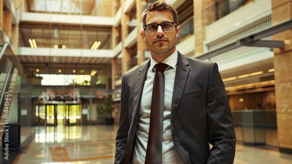 A confident man in a tailored suit poses in a well-lit, contemporary office environment. Tall windows and sleek architecture create a professional backdrop for his presence. A confident man in a tailored suit poses in a well-lit, contemporary office environment. Tall windows and sleek architecture create a professional backdrop for his presence.