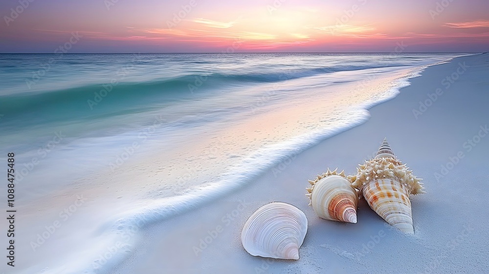 Tranquil Beach at Dawn with Soft Lavender Hues Tranquil Beach at Dawn with Soft Lavender Hues