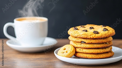 Coffee bakery roast concept.A warm cup of coffee beside a stack of freshly baked chocolate chip cookies on a wooden table, creating a cozy and inviting atmosphere.