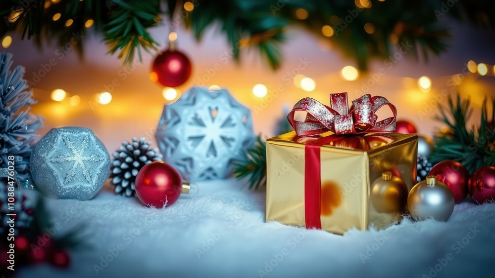 Enchanting Christmas Gift Box in Snowy Wonderland with Ornaments and Twinkling Lights Enchanting Christmas Gift Box in Snowy Wonderland with Ornaments and Twinkling Lights