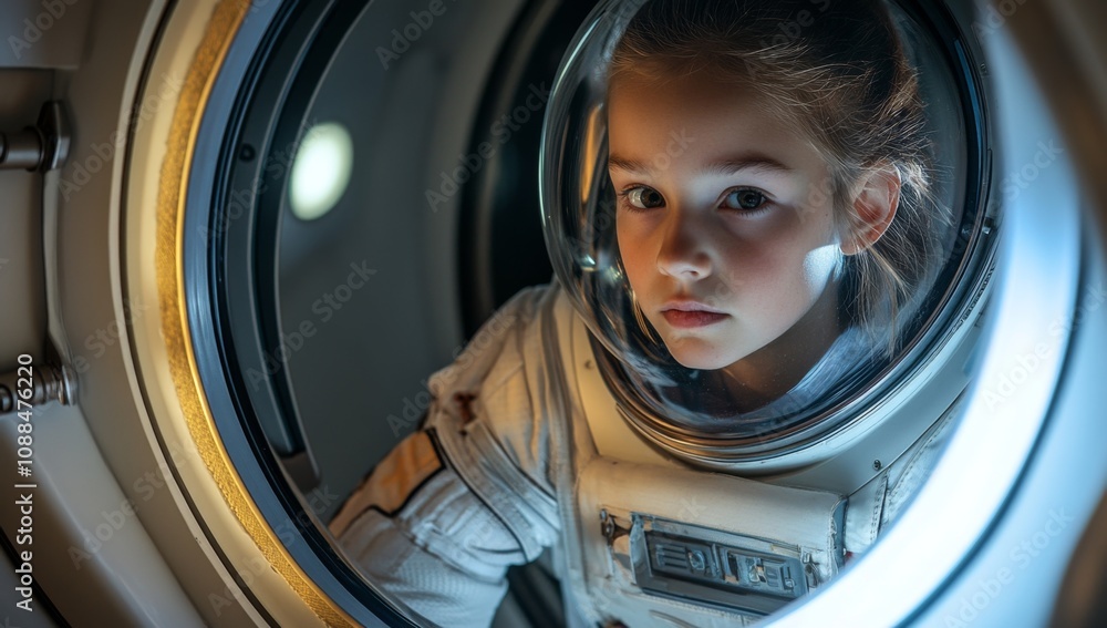 child girl wearing astronaut suit inside of spaceship child girl wearing astronaut suit inside of spaceship