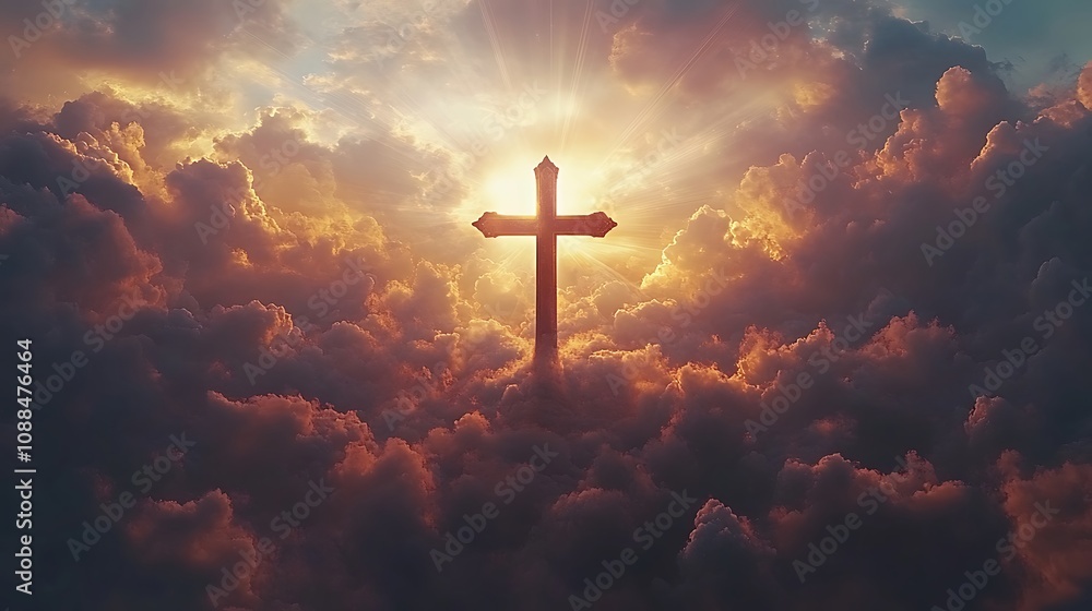 Fototapeta premium Christian cross blended with a sky filled with dramatic clouds, sunlight breaking through in radiant beams, the rays illuminating the cross silhouette, tranquil and majestic mood,