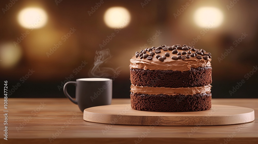 Coffee bakery roast concept.A decadent chocolate cake layered with creamy frosting, accompanied by a steaming cup of coffee, set against a warm, softly lit background. Coffee bakery roast concept.A decadent chocolate cake layered with creamy frosting, accompanied by a steaming cup of coffee, set against a warm, softly lit background.