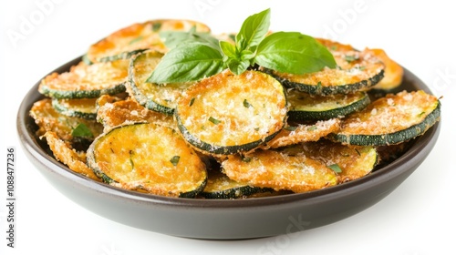 A plate of crispy zucchini chips seasoned with Parmesan cheese and Italian herbs, Each chip golden and crunchy, Healthy and delicious snack highlighted against an isolated white background 