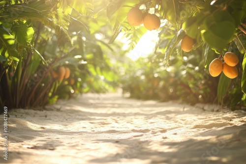 Ground level angle view, sunlit sand surface with blurred papaya trees and swaying palms, evoking a tropical, beachside atmosphere, ad promo template, papaya branding, tropical decor photo