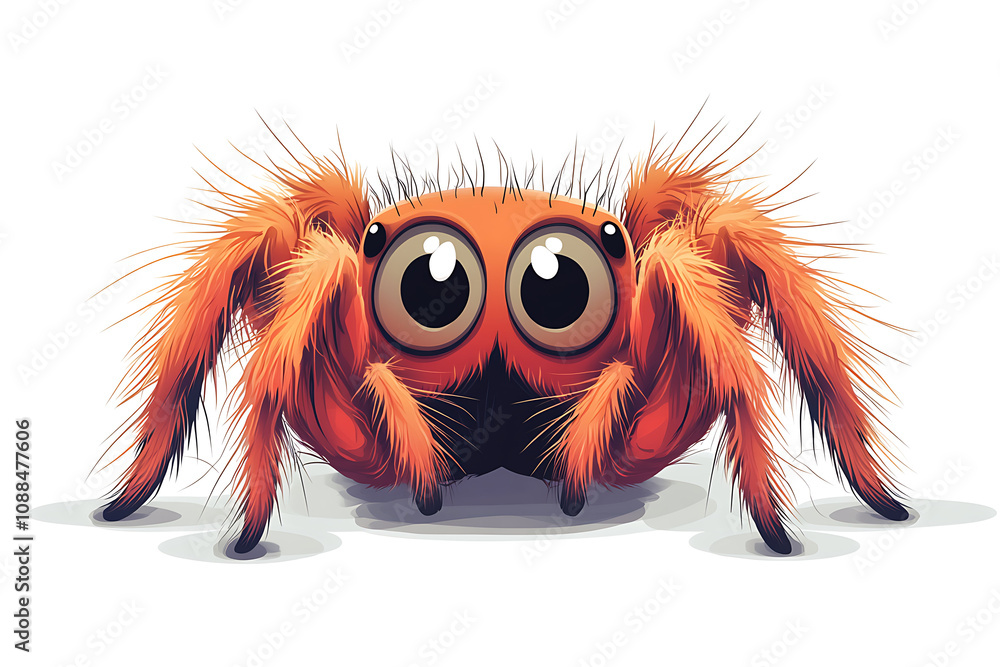 A cartoon-style illustration of a fluffy orange spider with large eyes.