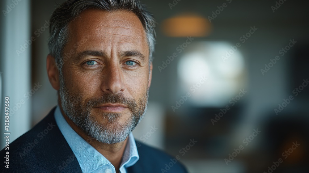 Obraz premium Happy middle-aged businessman with a thoughtful expression, wearing a suit, looking towards future success against a white background.
