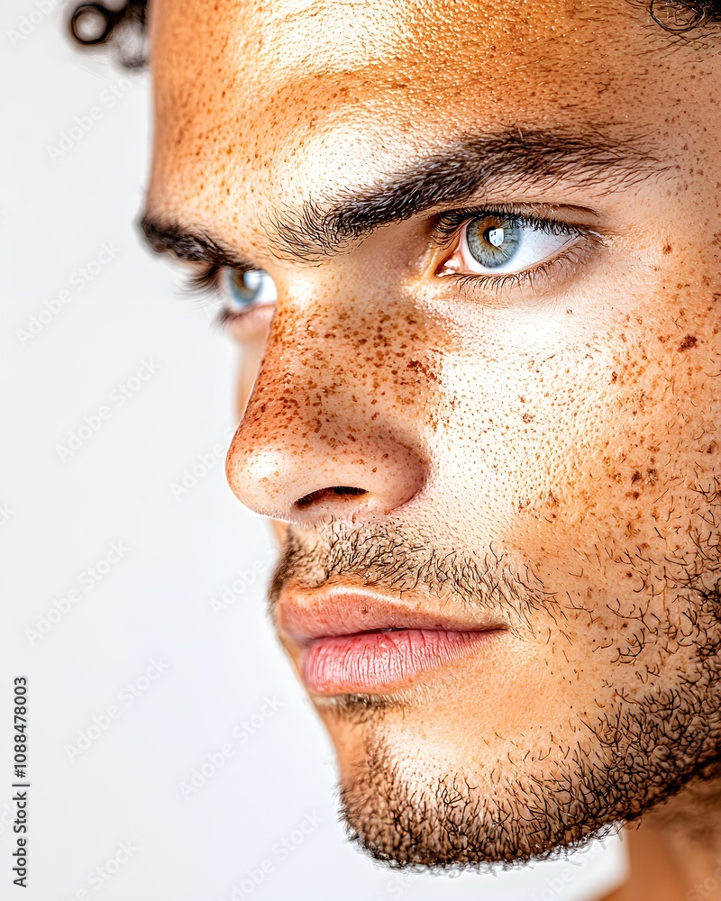 Fototapeta premium Close-up of a man with vitiligo, gentle morning light, soft expression, warm tones, showcasing unique skin patterns and strength