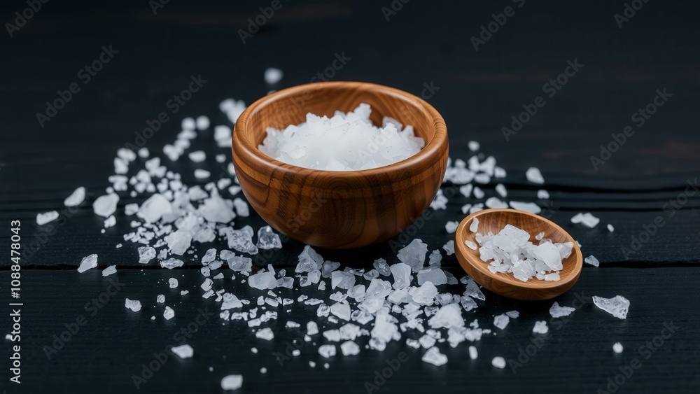 Experience the Essence of Pure White Sea Salt in Rustic Wooden Bowls on a Dark Wooden Background Experience the Essence of Pure White Sea Salt in Rustic Wooden Bowls on a Dark Wooden Background
