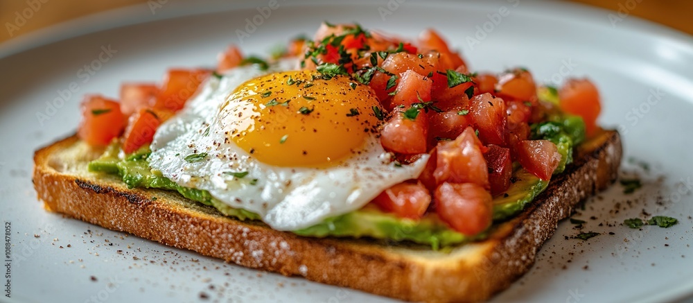 A delicious avocado toast topped with a fried egg and diced tomatoes. A delicious avocado toast topped with a fried egg and diced tomatoes.