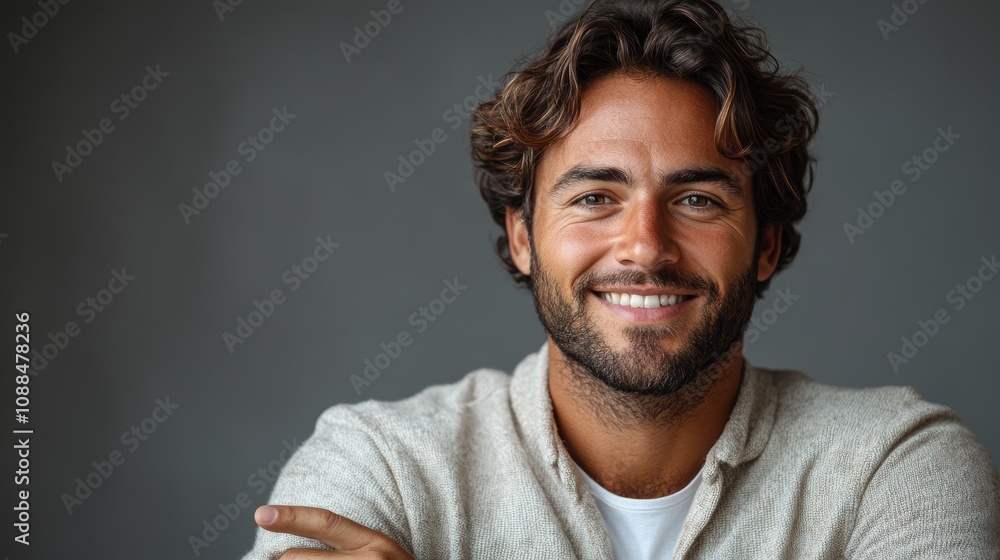 Obraz premium Young Caucasian businessman smiling and pointing to the side, showing a blank space, isolated on a white background.
