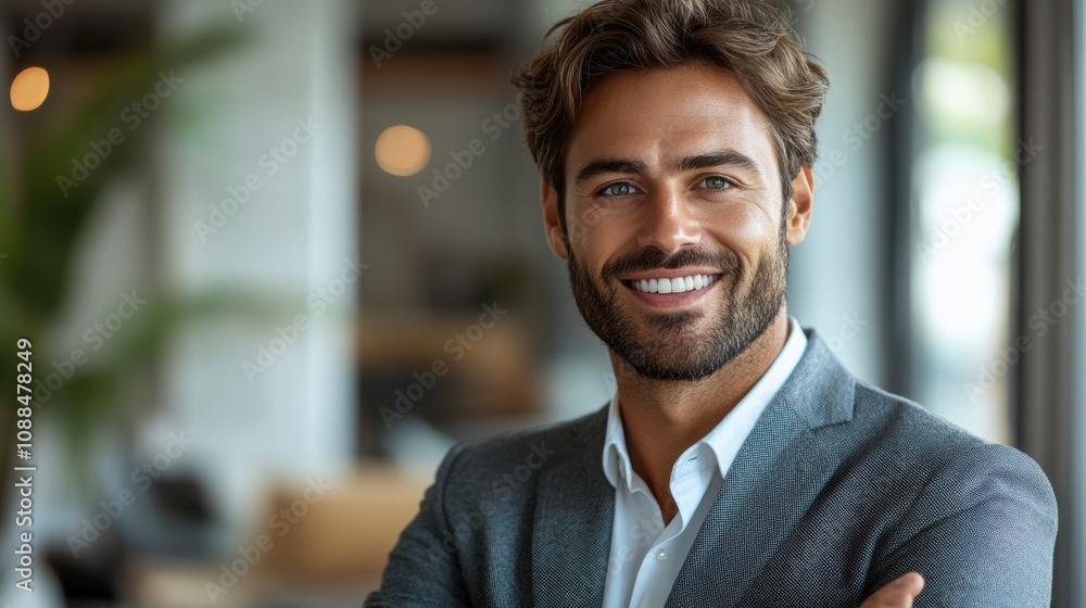 Young Caucasian businessman smiling and pointing to the side, showing a blank space, isolated on a white background. Young Caucasian businessman smiling and pointing to the side, showing a blank space, isolated on a white background.